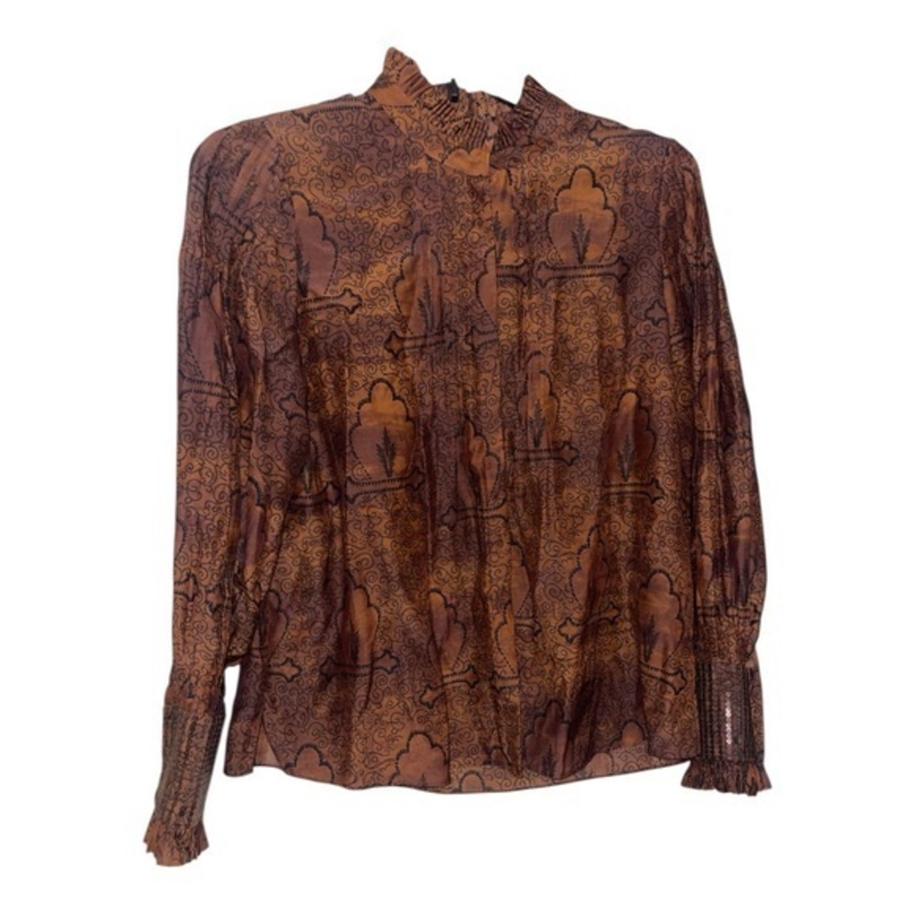 Kobi Halperin Brown Ruffled Silk Blend Long Sleeve Blouse